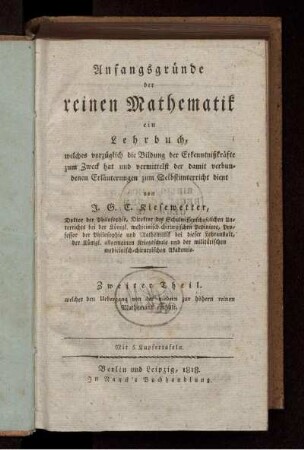 Theil 2: Anfangsgründe der reinen Mathematik. Zweiter Theil