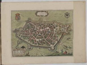 Stadtplan von Cambrai, 1: 5 000, kolorierter Kupferstich, um 1657 : Cambray. - [Ca. 1:5.000] / [Amsterdam] : [Ioannes Ianssonius], [1657]. - 1 Vogelschaukarte : Kupferst. ; 43,0 x 32,7 cm. - Mit 1 Wappem. - Mit Gebäudeverz. - Aus: Theatrum Urbium Celebriorum totius Belgii Sive Germaniae Inferioris [Theatrum / 3] / Jansson, Jan. - Amstelodami//Amsterdam : Ioannes Ianssonius, 1657