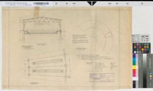 BW Duisburg Hbf: Winterfestmachung des Lokschuppen 2 (Wiederaufbau): Grundriß, Übersichtsskizze, Schnitt [Abgelegt in Mappe: "Entwürfe von Th V", Beschriftung Deutsch/Englisch], M. 1:100 und M. 1:500 Hgl, Sknr.: 4, Fanr.: 12