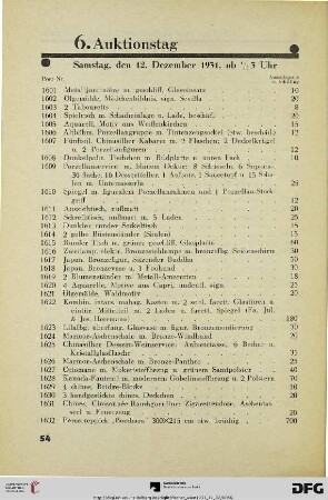 6. Auktionstag: Samstag, den 12. Dezember 1931, ab ½ 3 Uhr (1601-1900)