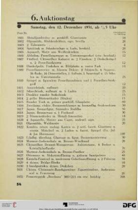 6. Auktionstag: Samstag, den 12. Dezember 1931, ab ½ 3 Uhr (1601-1900)