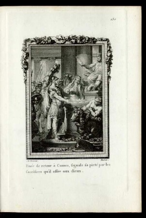 Eneé de retour à Cumes, signale sa pieté par les sacrifices qu'il offre aux dieux.