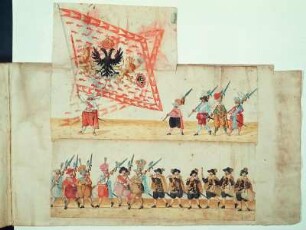 Aufzug zur Fastnacht 1609 in Dresden : Beschluß des Heereszuges mit dem Fähnrich, Träger des Heerbanners, Landsknechten und Spielleuten mit Querpfeifen und Trommeln. 43. Part, Blatt 125 aus: Abriß und Verzeichnis aller Inventionen und Aufzüge, welche an Fastnachten Anno 1609 im kurfürstl. Schlosse zu Dresden aufgeführt wurden. Deckfarben; ca. 289 x 527 mm. Dresden: SLUB Mscr.Dresd.J.18