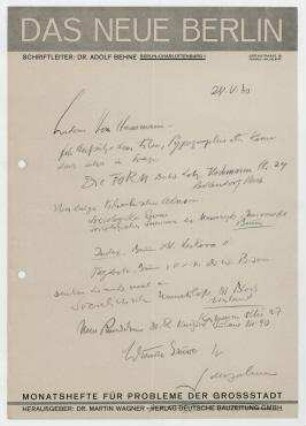 Brief von Adolf Behne an Raoul Hausmann. Berlin