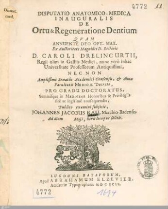 Disputatio Anatomico-Medica Inauguralis De Ortu & Regeneratione Dentium