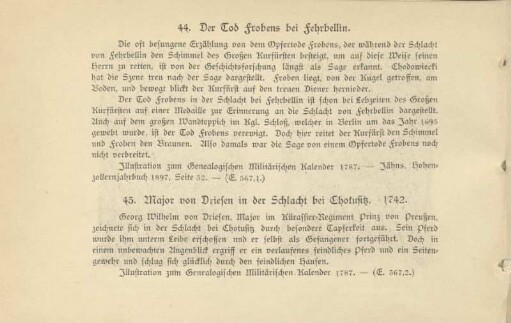 44. Der Tod Frobens bei Fehrbellin ; 45. Major von Driesen in der Schlacht bei Chotusitz. 1742