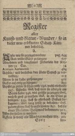 Register aller Kunst- und Natur-Wunder/ so in dieser neu-eröffneten Schatz-Kammer befindlich.