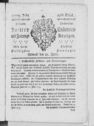 29tes Stück, Ausgabe vom 21. Julii 1773