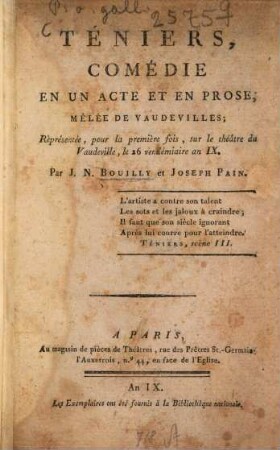Téniers : comédie en un acte, et en prose, mêlée de vaudevilles
