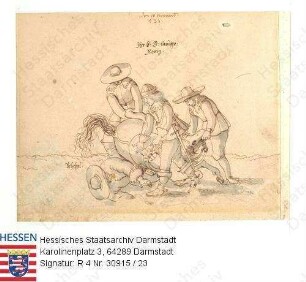 Jagd, Niddaer Sauhatz / Bild 23: Landgraf Georg hilft Schetzel / vom Pferd gefallener [Wilhelm] Schetzel [zu Merzhausen (1582-1637)], daneben u.a. Landgraf Georg II. v. Hessen-Darmstadt (1605-1661), ihm aufhelfend