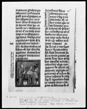 Regel des heiligen Benedikt — Der Teufel erscheint dem heiligen Benedikt und ruft "Maledicte, maledicte", Folio 27verso