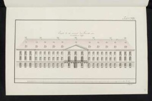 Hospital, idealtypischer Entwurf, Hauptfassade, Aufriss : Hospital, idealtypischer Entwurf, Aufriss der Hauptfassade, Johann Christian Götzschel, um 1794. Feder, Pinsel in Wasserfarbe/Papier. 41,6 x 26,1 cm. Bez.: "Facade du cote principal d' un Hospital pour les malades, et blesses.", "Tab. LXIX." und "Goetzschel." Maßstab mit Maßeinheit "Dr. Ellen" (110 Dresdner Ellen=25,9 cm).