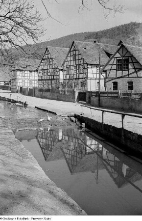 Fachwerkhäuser an einem Dorfbach in Thüringen