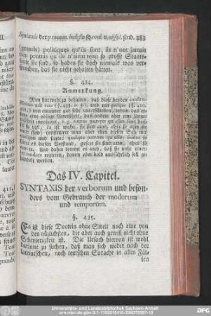 Das IV. Capitel. Syntaxis der verborum und besonders vom Gebrauch der modorum und temporum.