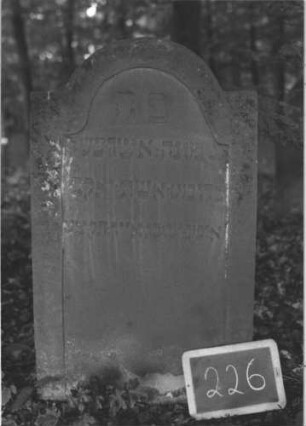 Grabstein 226 (Index: 99894719) Material: Sandstein Zustand: gut Maße HxBxT: 104x57x7 cm Beschreibung: Stele mit eingezogenem Rundbogenabschluss: Grabstein 226 (2)