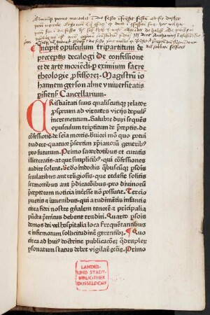 Incipit opusculum tripartitum de preceptis decalogi De confessione et de arte morie[n]di