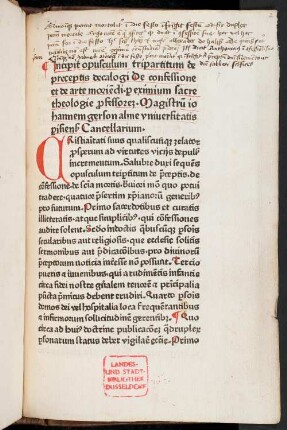 Incipit opusculum tripartitum de preceptis decalogi De confessione et de arte morie[n]di