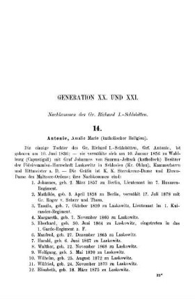Generation XX. und XXI. Nachkommen des Gr. Richard I.-Schlobitten