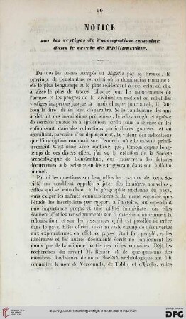 1: Notice sur les vestiges de l'occupation romaine dans le cercle de Philippeville