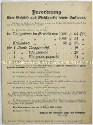 Aushang mit einer Verordnung des Magistrats von Berlin zur Bewirtschaftung von Backwaren