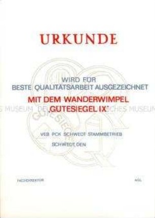 Urkunde zur Auszeichnung mit dem Wanderwimpel "Gütesiegel 9" (blanko)