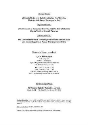 Iktisadi Büyümenin Belirleyicileri ve Yeni Büyüme Modellerinde Beseri Sermayenin Yeri