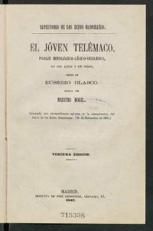 El jóven Telémaco : pasaje mitológico-lírico-burlesco, en dos actos y en verso