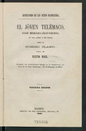 El jóven Telémaco : pasaje mitológico-lírico-burlesco, en dos actos y en verso