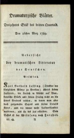 Dreizehntes Stük des dritten Quartals