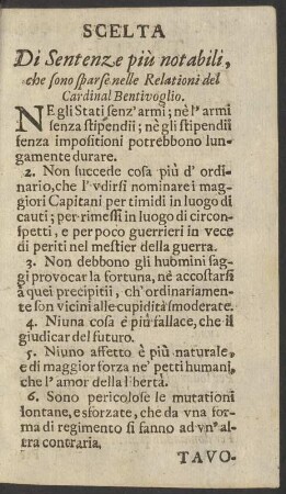 Scelta Di Sentenze più notabili, che sono sparse nelle Relationi del Cardinal Bentivoglio.