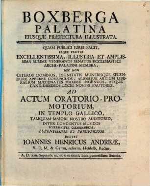 Boxberga Palatina Eiusque Praefectura Illustrata