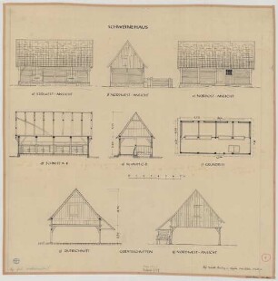Haulingort bei Legden (Kreis Ahaus): Hof Schulte Hauling. Schweinehaus (Grundriss, Ansichten, Schnitte)