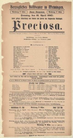 Theaterzettel zur Aufführung des Romantischen Schauspiels "Preciosa. von Pius Alexander Wolff" in der Spielzeit 1914/15 des Herzoglichen Hoftheaters in Meiningen.