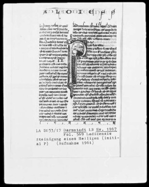 Biblia sacra mit Missale — Initiale P (aulus) mit Steinigung eines Heiligen, Folio 569recto