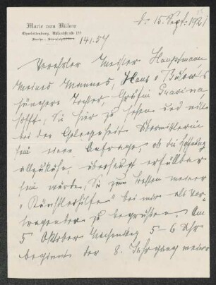 Brief von Gerhart Hauptmann an Bernhard von Bülow, geschrieben von Minna Liebig