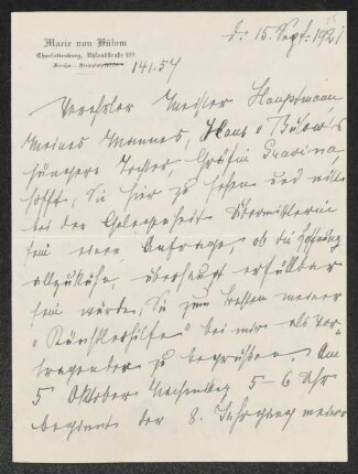 Brief von Gerhart Hauptmann an Bernhard von Bülow, geschrieben von Minna Liebig