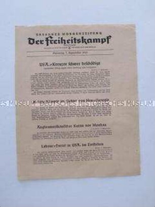 Nachrichtenblatt der sächsischen NSDAP-Zeitung "Der Freiheitskampf" über den japanischen Luftangriff auf ein amerikanischen Kreuzer vor Neuguinea