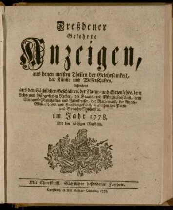 1778: Dresdner gelehrte Anzeigen : aus allen Theilen der Gelehrtheit