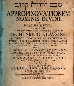 Šēm YHWH qārôv seu appropinquationem nominis divini, ex psalmo LXXV,2