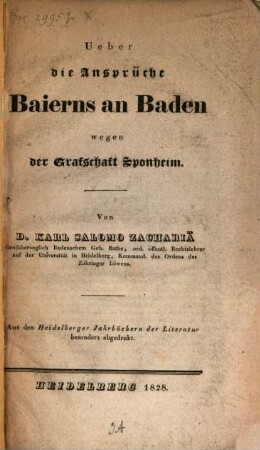 Über die Ansprüche Baierns an Baden wegen der Grafschaft Sponheim
