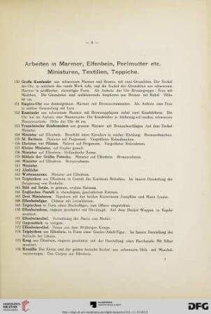 Arbeiten in Marmor, Elfenbein, Perlmutter etc. Miniaturen, Textilien, Teppiche (Nr. 150-198)