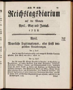 Reichstagsdiarium auf die Monate April, May und Junius. 1788.