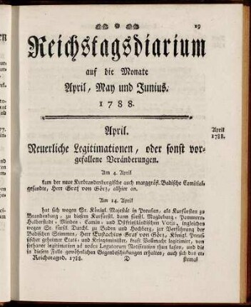 Reichstagsdiarium auf die Monate April, May und Junius. 1788.