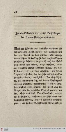 Zweytes Schreiben über einige Vorstellungen der Weimarischen Hofschauspieler