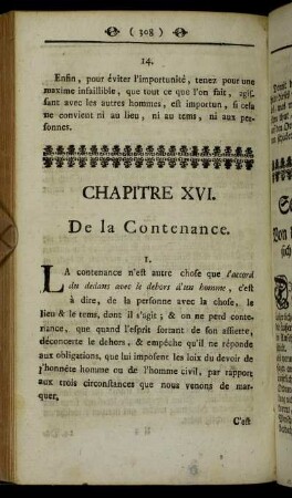 Chapitre XVI. De la Contenance. = Sechzehendes Kapitel. Von der Contenance, oder Art sich äußerlich wohl zu geberden.