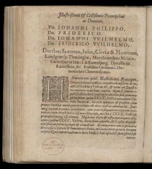 Dedikation an Johann Phillipp, Friedrich, Johann Wilhelm und Friedrich Wilhelm, Grafen zu Sachsen, von Georg Engelmann