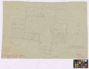 Voigtsdorf (Landkreis Habelschwerdt, Grafschaft Glatz): Gehöft Elsner. Lageplan mit. - Scheune (Grundriss). - Kuhstall (Grundriss). - Wohnhaus (Grundriss). - Schuppen darüber Kornspeicher (Grundriss). - Auszüglerhaus (Grundriss)