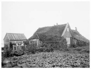 Thorshavn/Färöer Inseln (Dänemark). Gehöft mit rasensodengedeckten Häusern