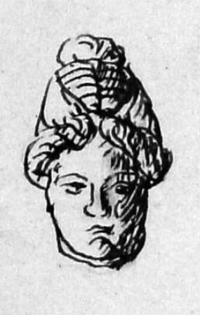 Kleines weibliches Köpfchen mit Haube, hinten flach