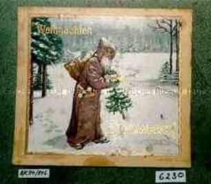 Werbeschild mit Aufdruck "Weihnachten STOLWERCK STOLLWERCK" (Abbildung eines Weihnachtsmannes im Winterwald)